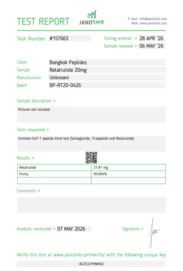 Janoshik BP Reta 20 May Retatrutide 20mg Janoshik COA