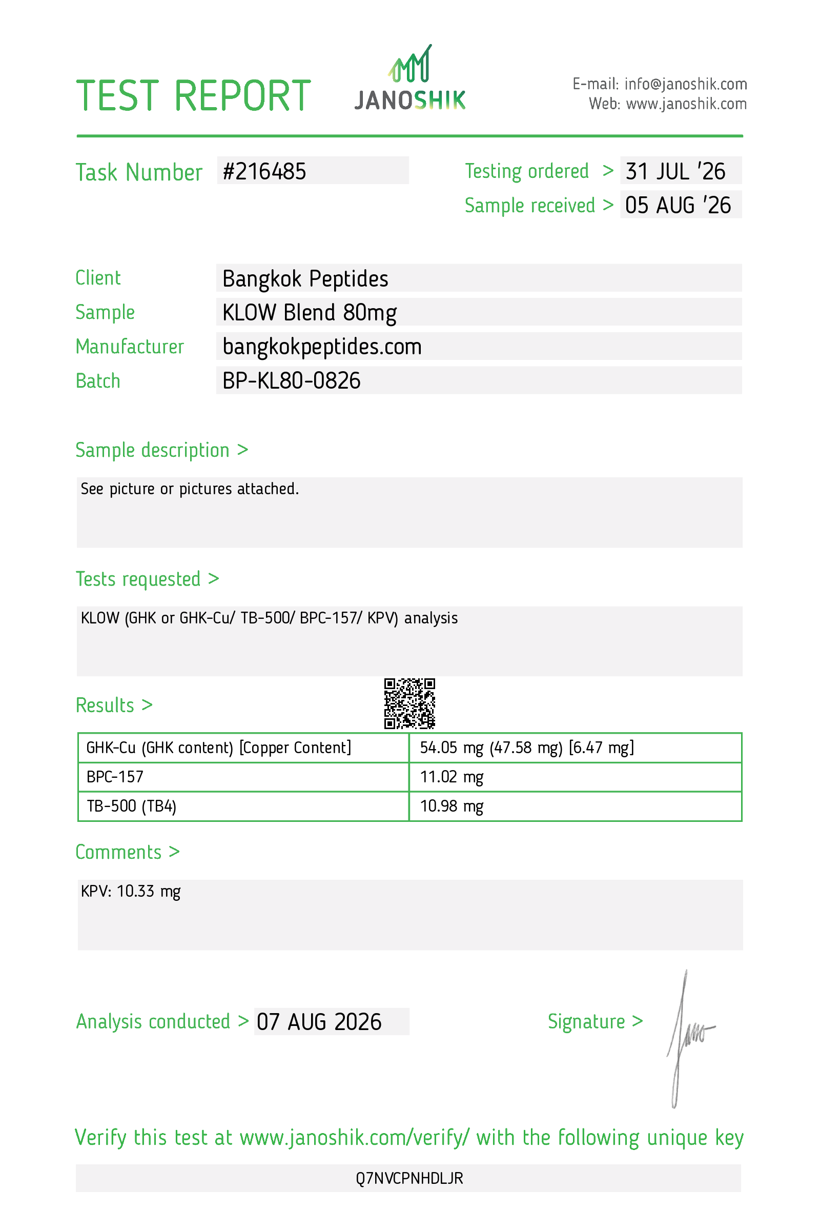 KLOW Blend 80mg Janoshik certificate of analysis