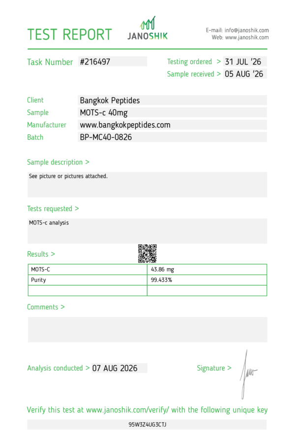 MOTS-c 40mg Janoshik test August Bangkok Peptides