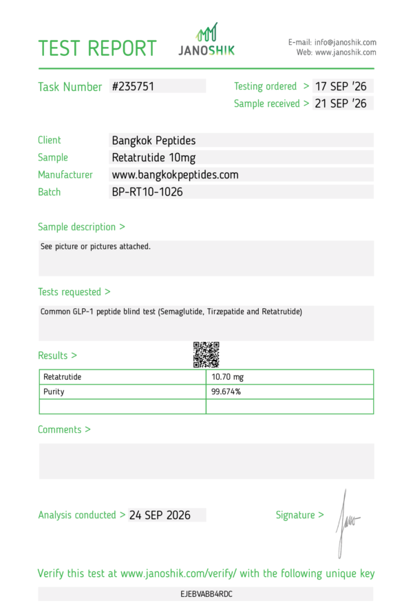 Retatrutide 10mg Janoshik certificate of analysis — Bangkok Peptides