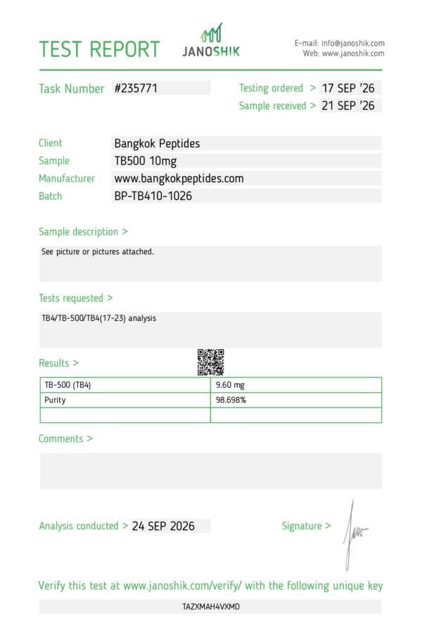 TB 500 10mg Janoshik certificate of analysis — Bangkok Peptides