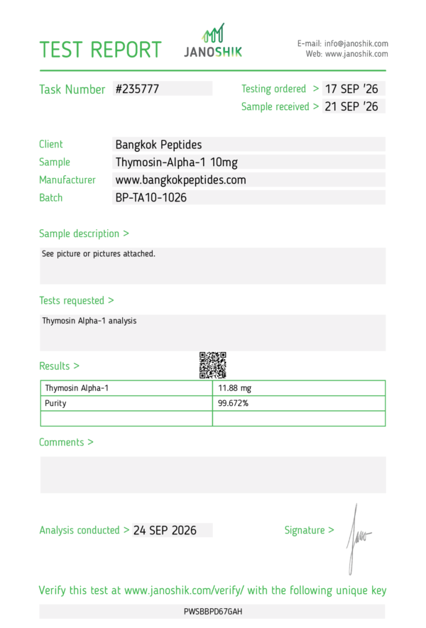 Thymosin Alpha 1 10mg Janoshik certificate of analysis — Bangkok Peptides